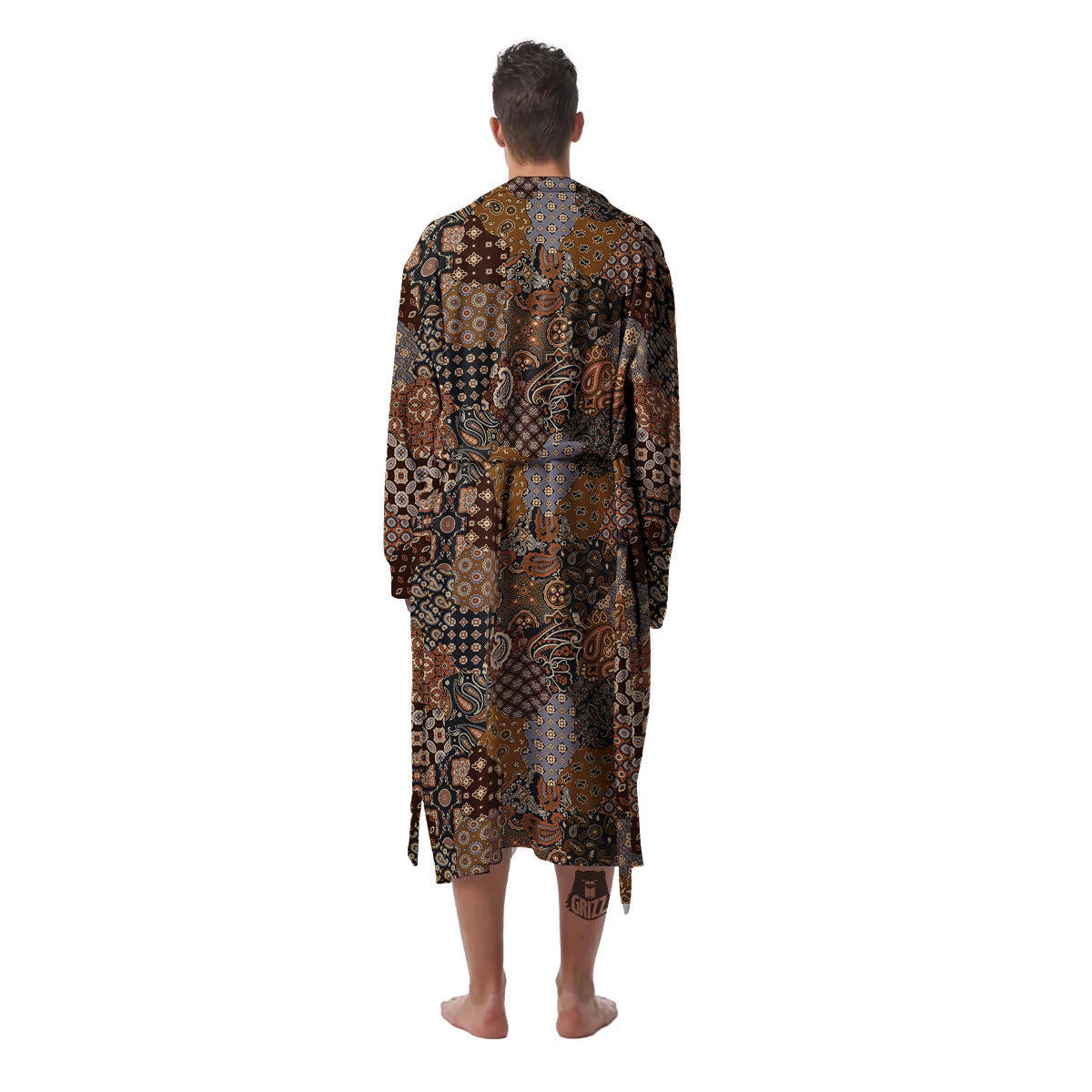 Brown Patchwork Paisley Print Pattern Men's Robe-grizzshop