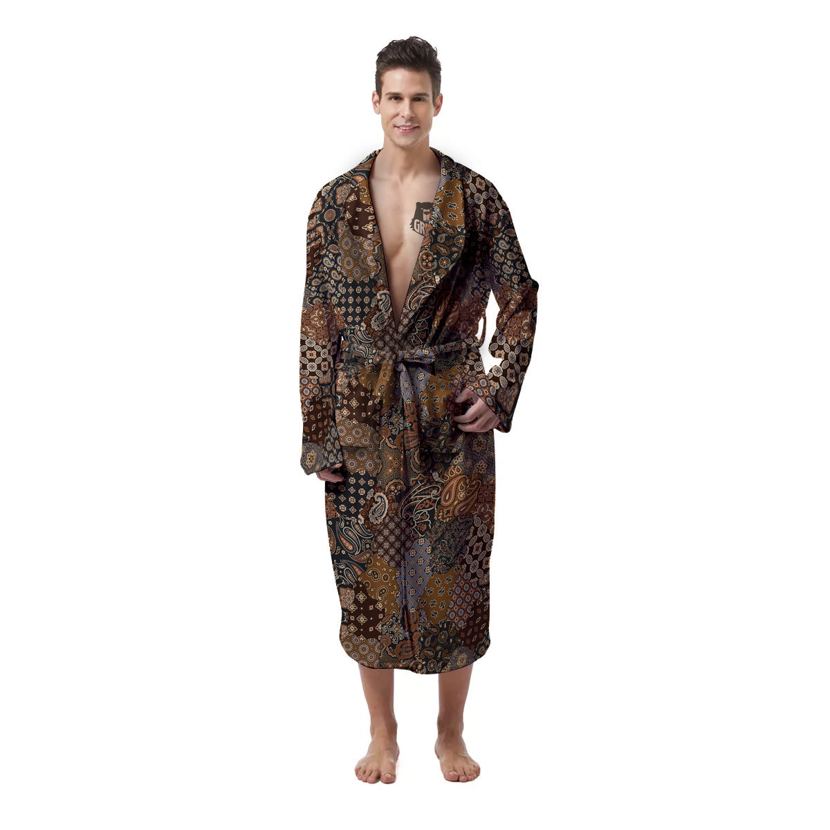 Brown Patchwork Paisley Print Pattern Men's Robe-grizzshop