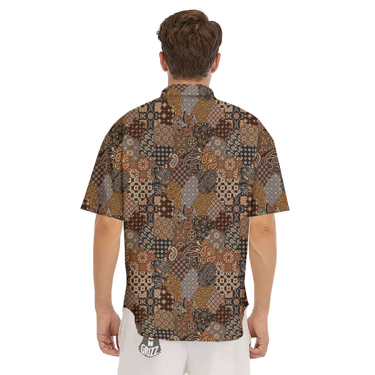 Brown Patchwork Paisley Print Pattern Men's Short Sleeve Shirts-grizzshop