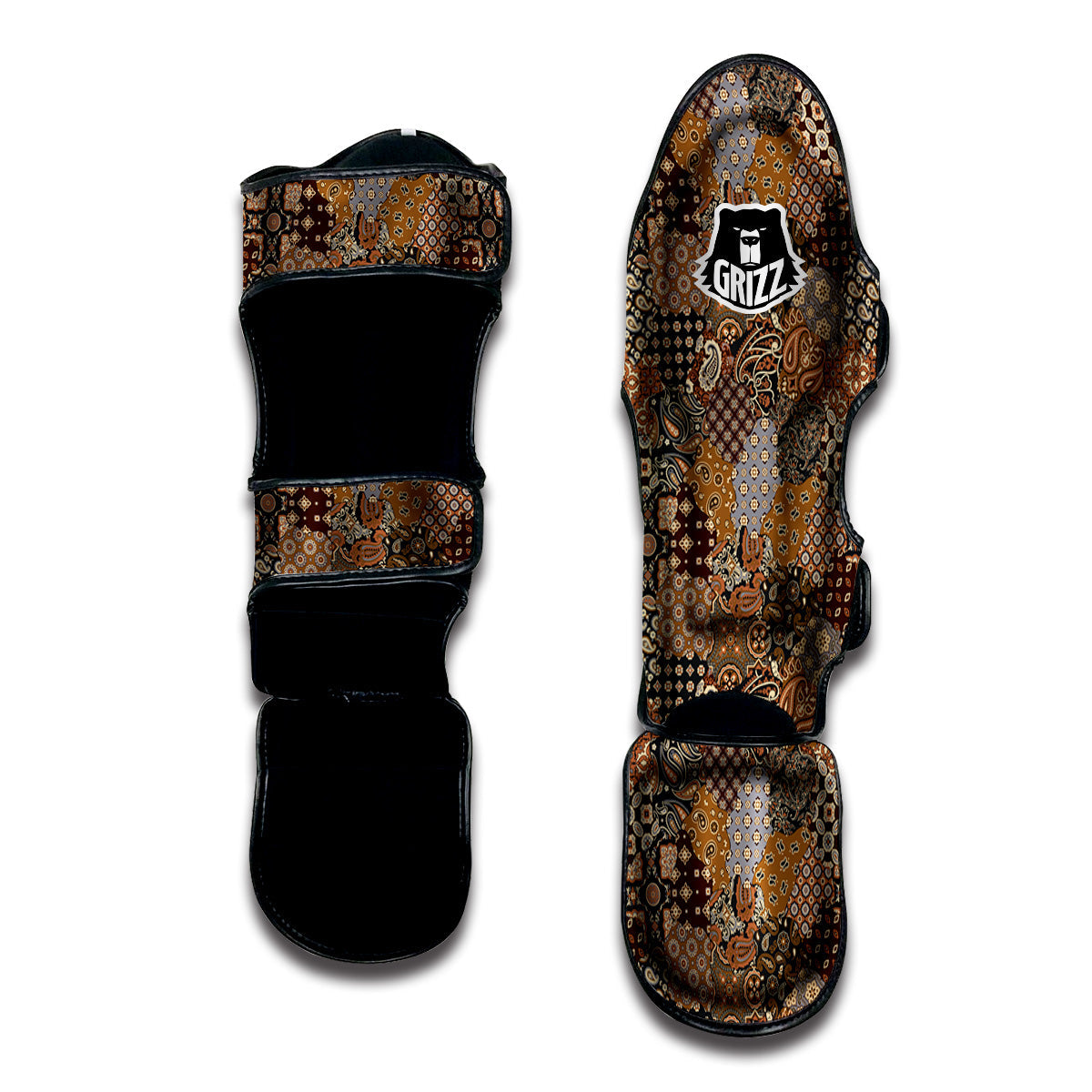 Brown Patchwork Paisley Print Pattern Muay Thai Shin Guards-grizzshop