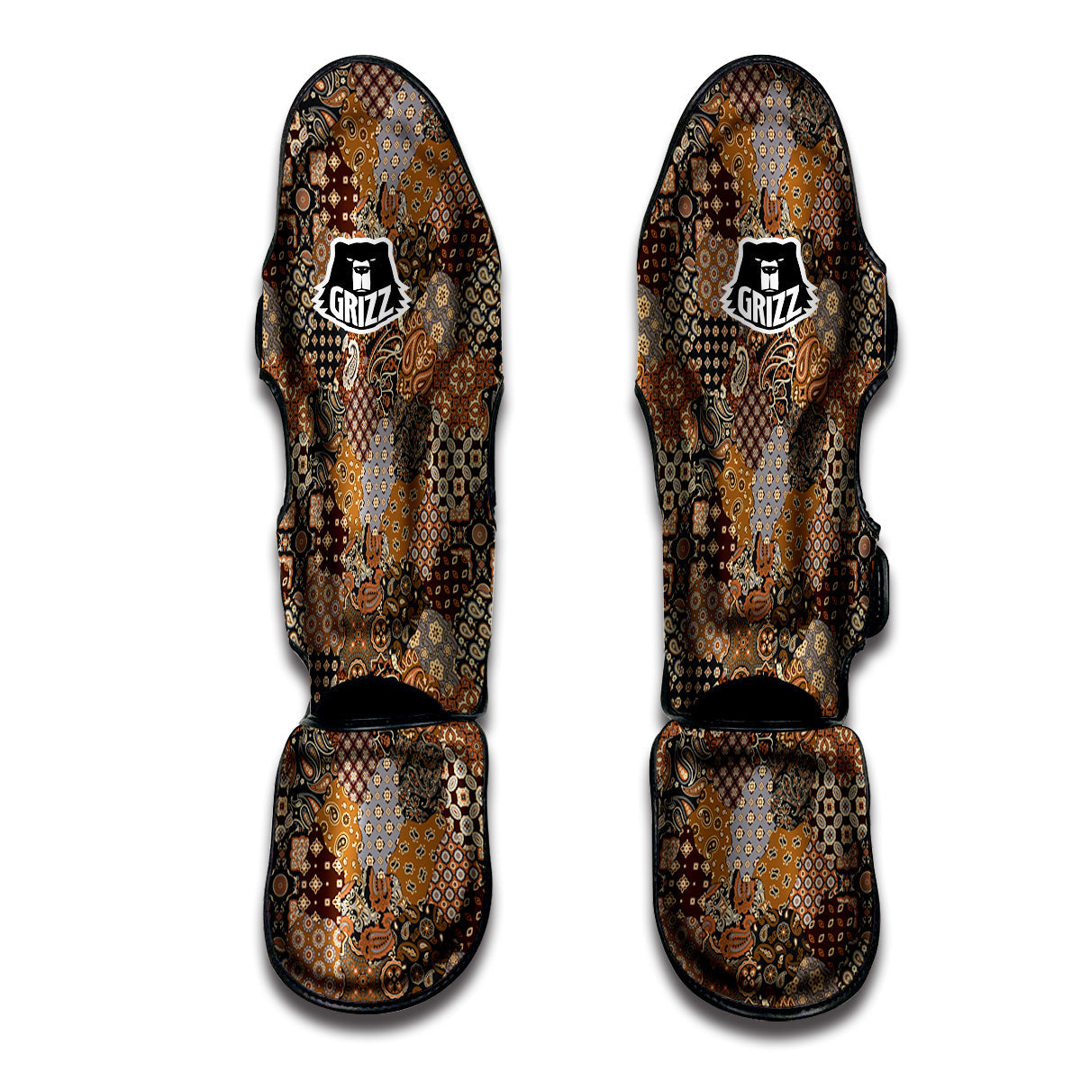 Brown Patchwork Paisley Print Pattern Muay Thai Shin Guards-grizzshop