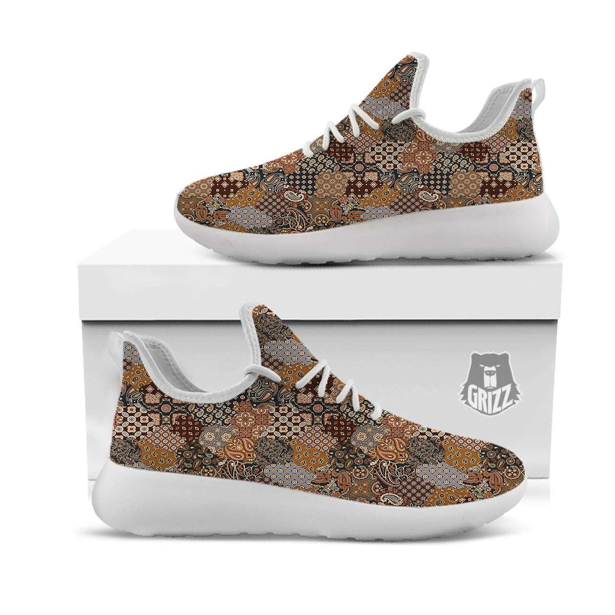 Brown Patchwork Paisley Print Pattern White Athletic Shoes-grizzshop