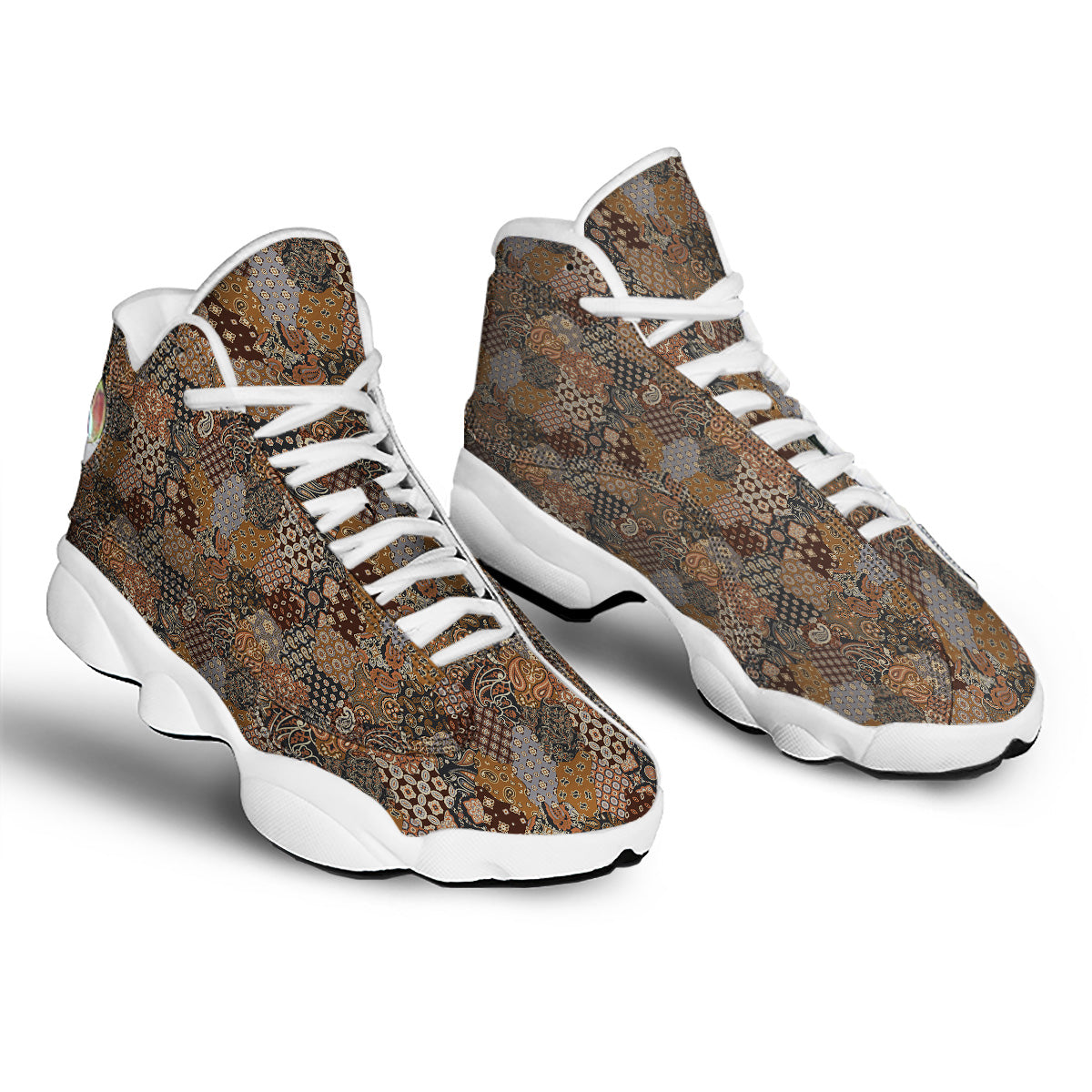 Brown Patchwork Paisley Print Pattern White Basketball Shoes-grizzshop