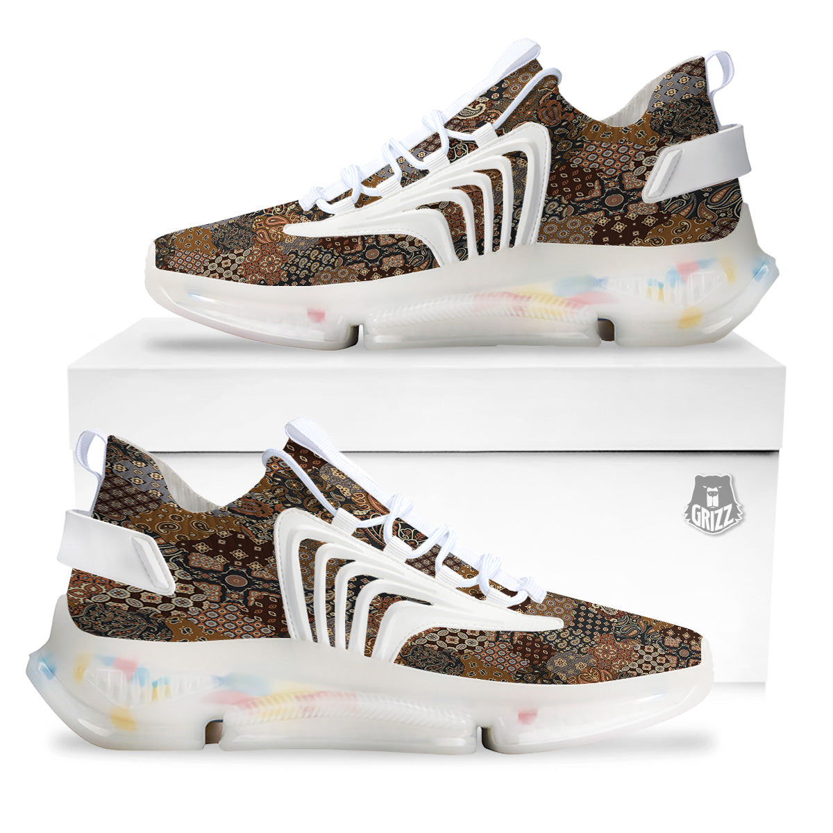 Brown Patchwork Paisley Print Pattern White Gym Shoes-grizzshop