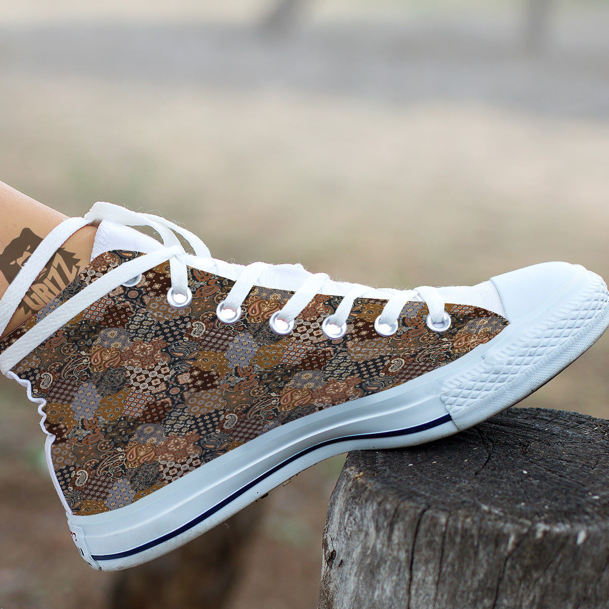 Brown Patchwork Paisley Print Pattern White High Top Shoes-grizzshop
