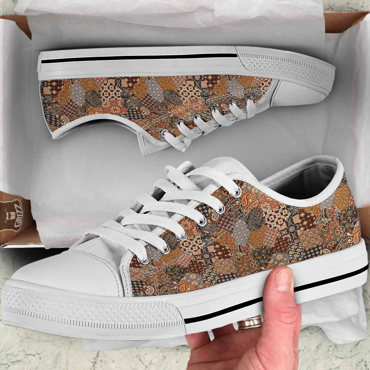 Brown Patchwork Paisley Print Pattern White Low Top Shoes-grizzshop