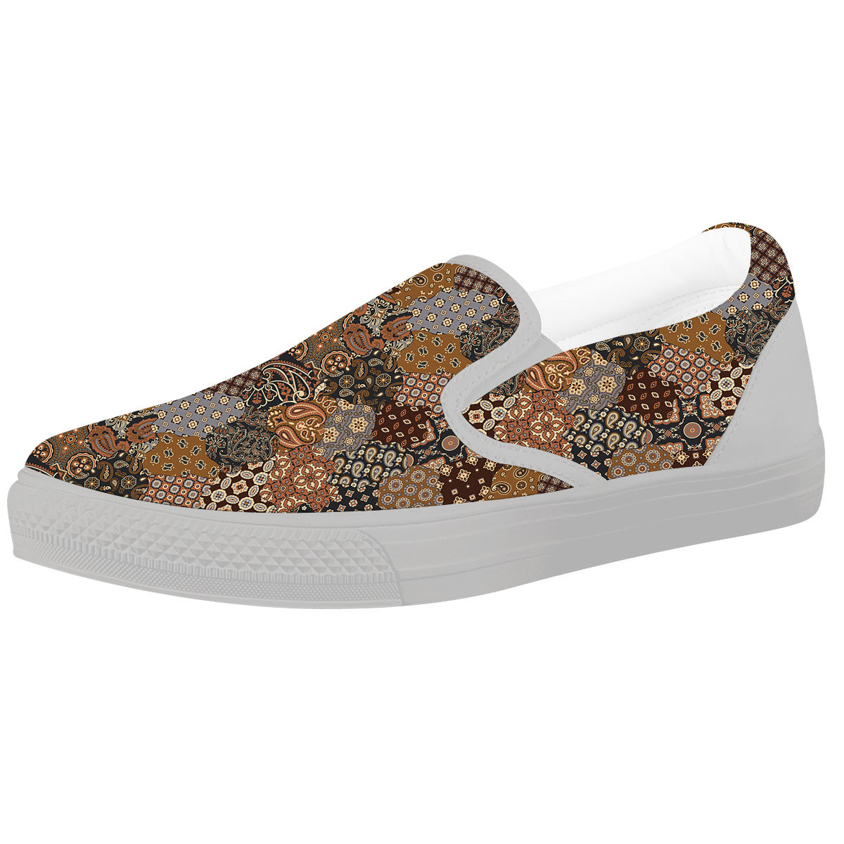 Brown Patchwork Paisley Print Pattern White Slip On Shoes-grizzshop