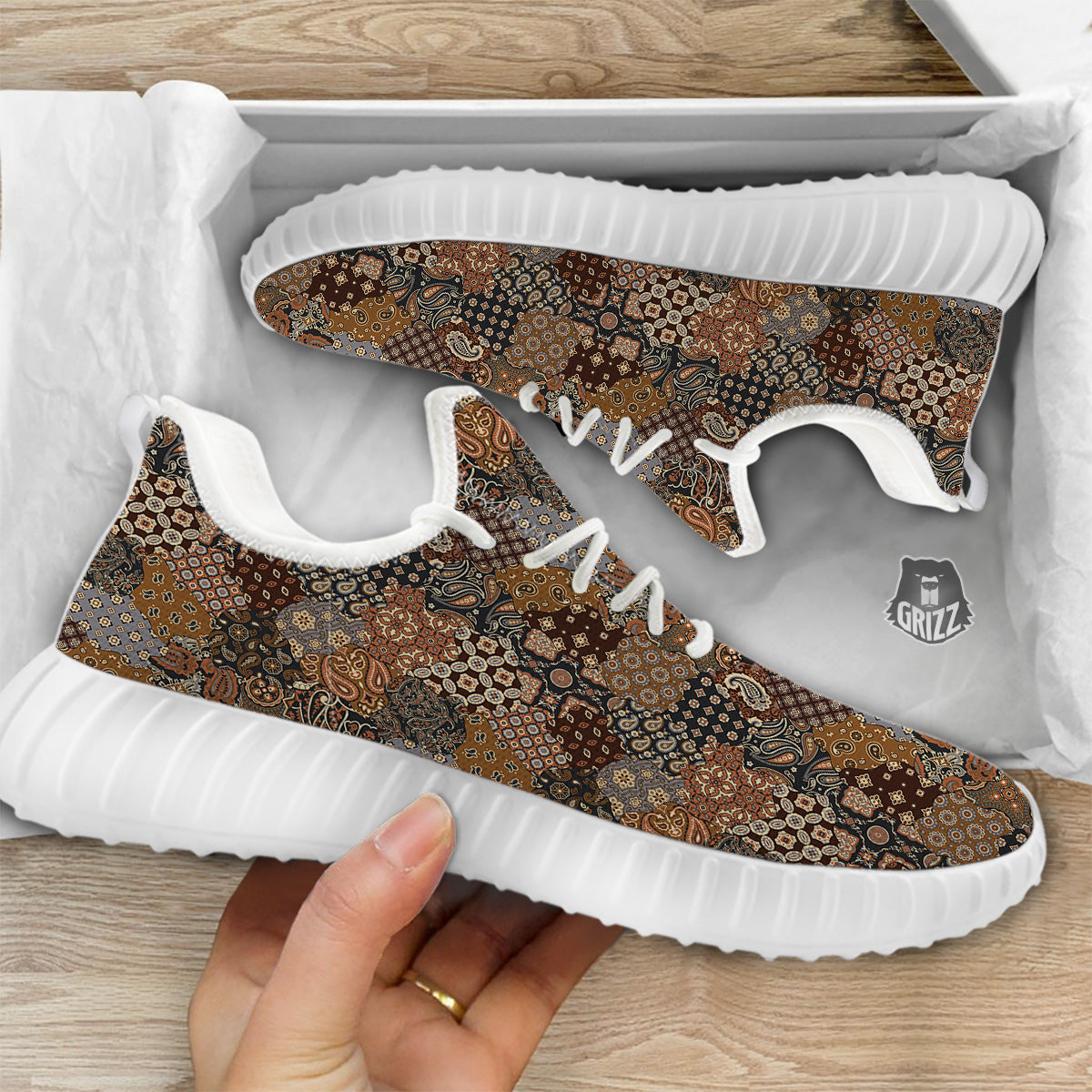 Brown Patchwork Paisley Print Pattern White Walking Shoes-grizzshop