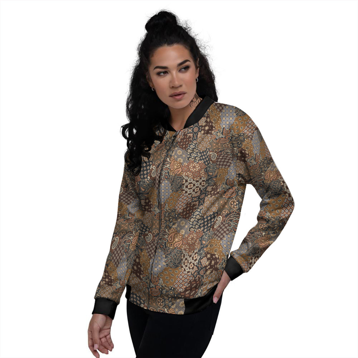Brown Patchwork Paisley Print Pattern Women's Bomber Jacket-grizzshop