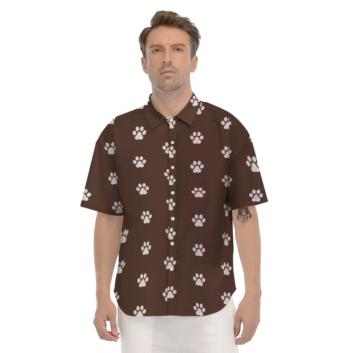 Brown Paw Print Men's Short Sleeve Shirts-grizzshop