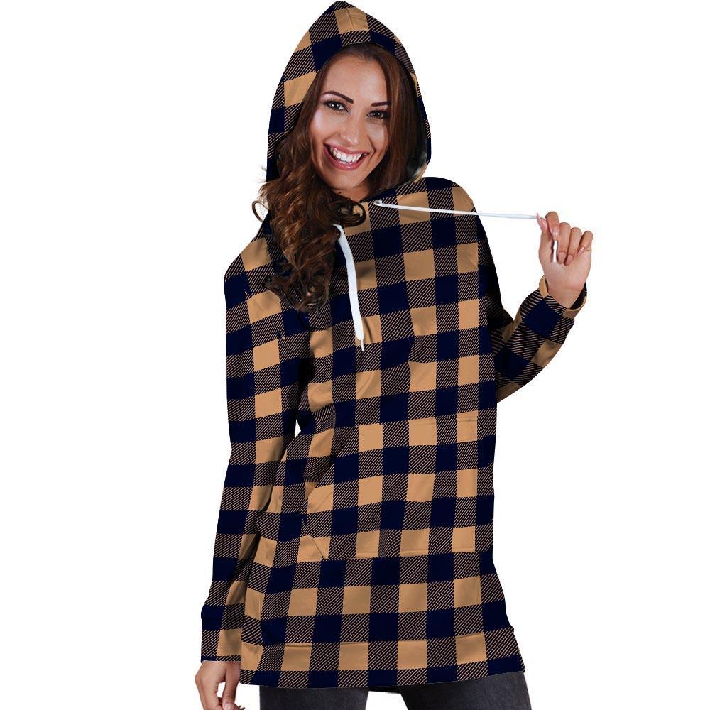 Brown Plaid Hoodie Dress-grizzshop