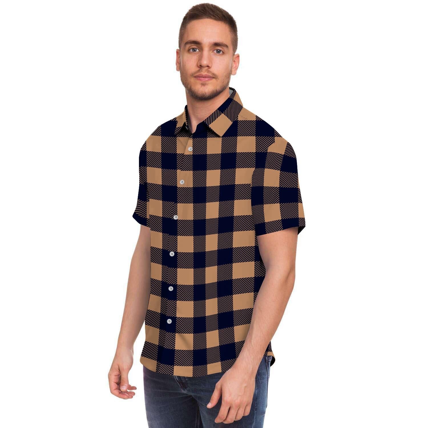 Brown Plaid Men's Short Sleeve Shirt-grizzshop