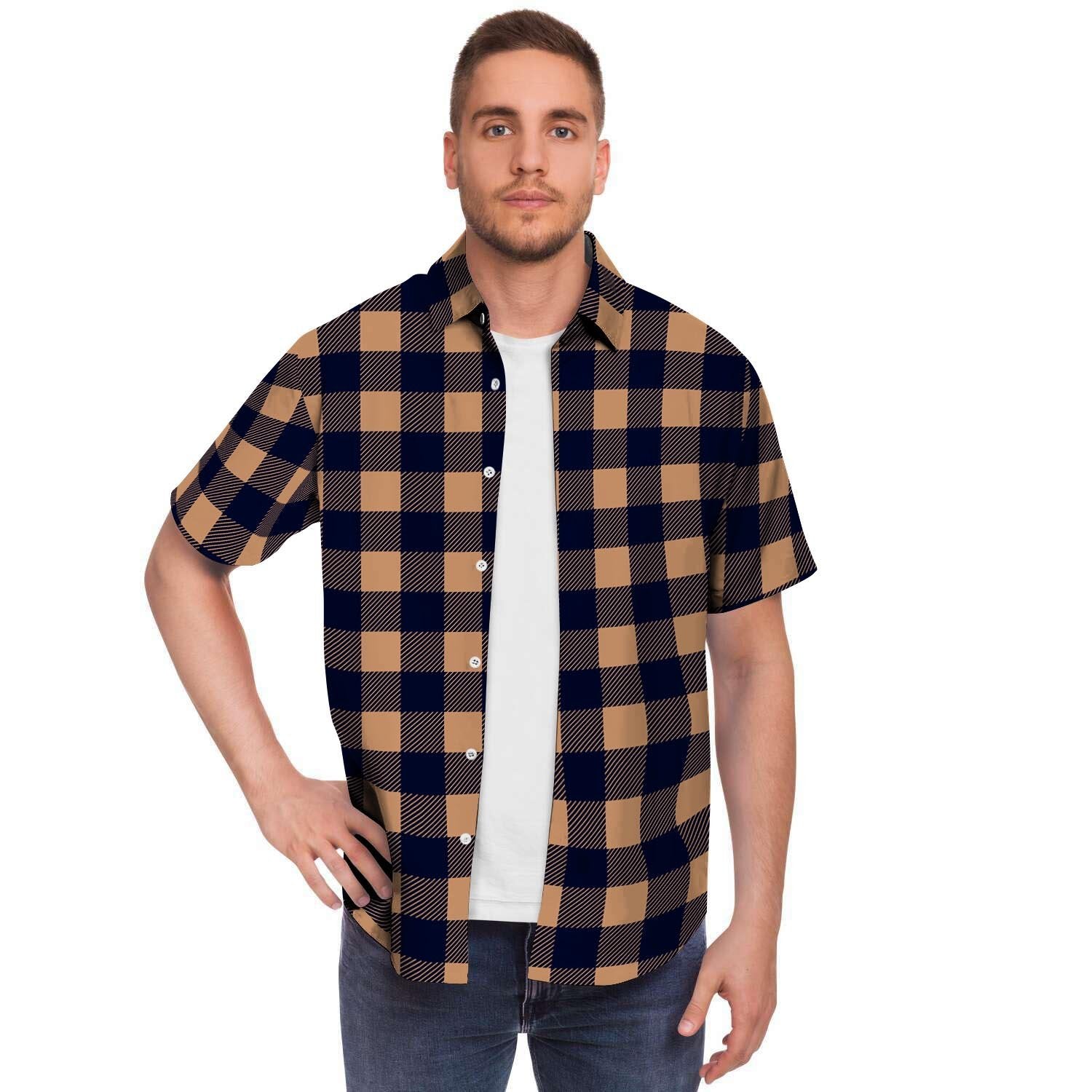 Brown Plaid Men's Short Sleeve Shirt-grizzshop