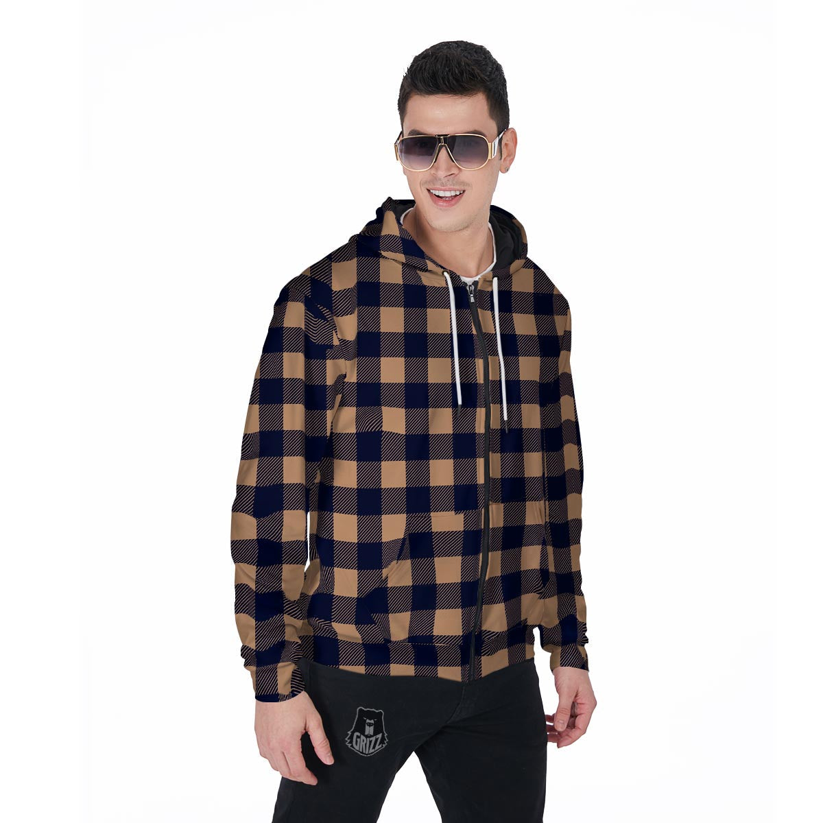 Brown Plaid Men's Zip Up Hoodie-grizzshop