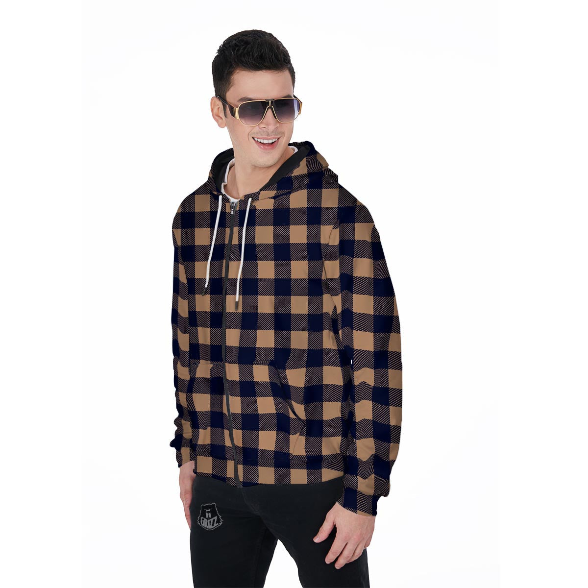 Brown Plaid Men's Zip Up Hoodie-grizzshop