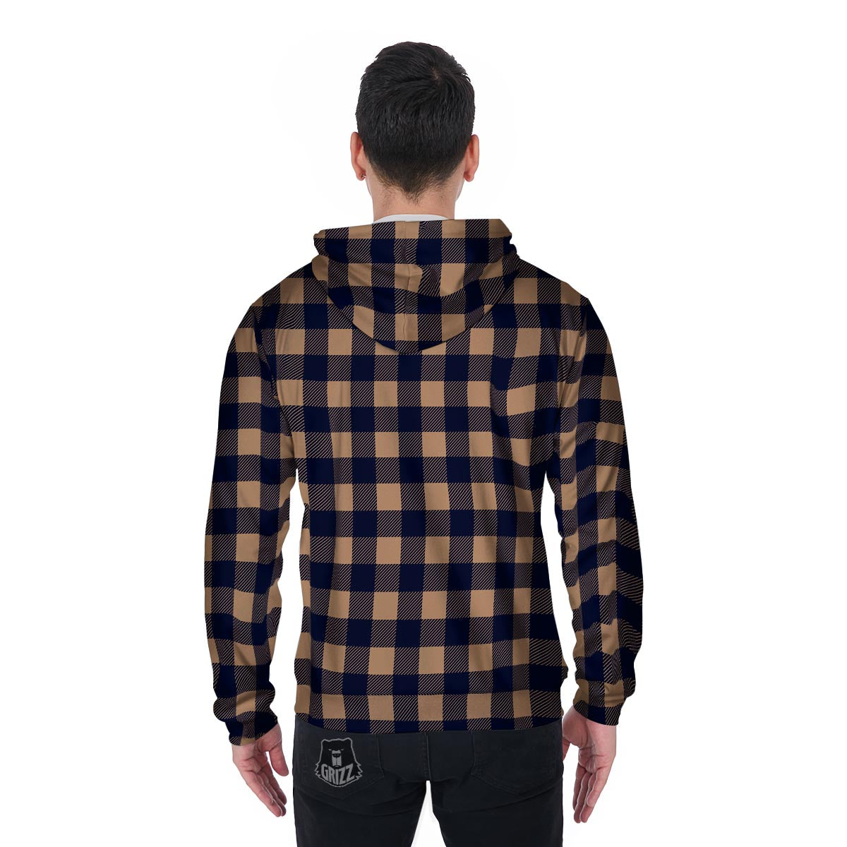 Brown Plaid Men's Zip Up Hoodie-grizzshop