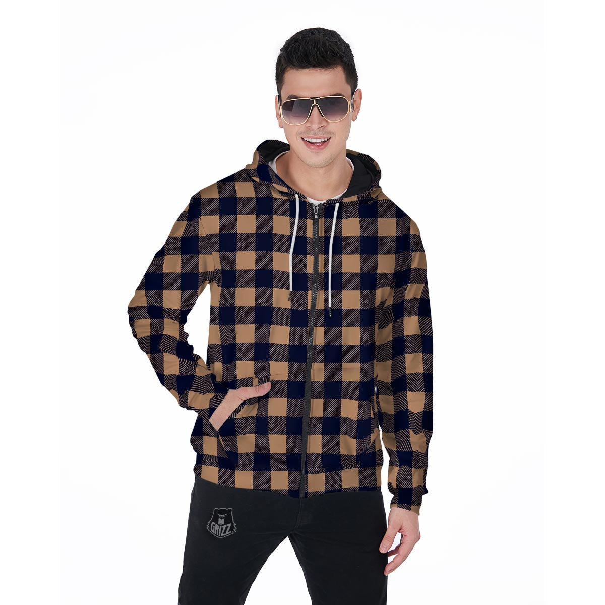 Brown Plaid Men's Zip Up Hoodie-grizzshop