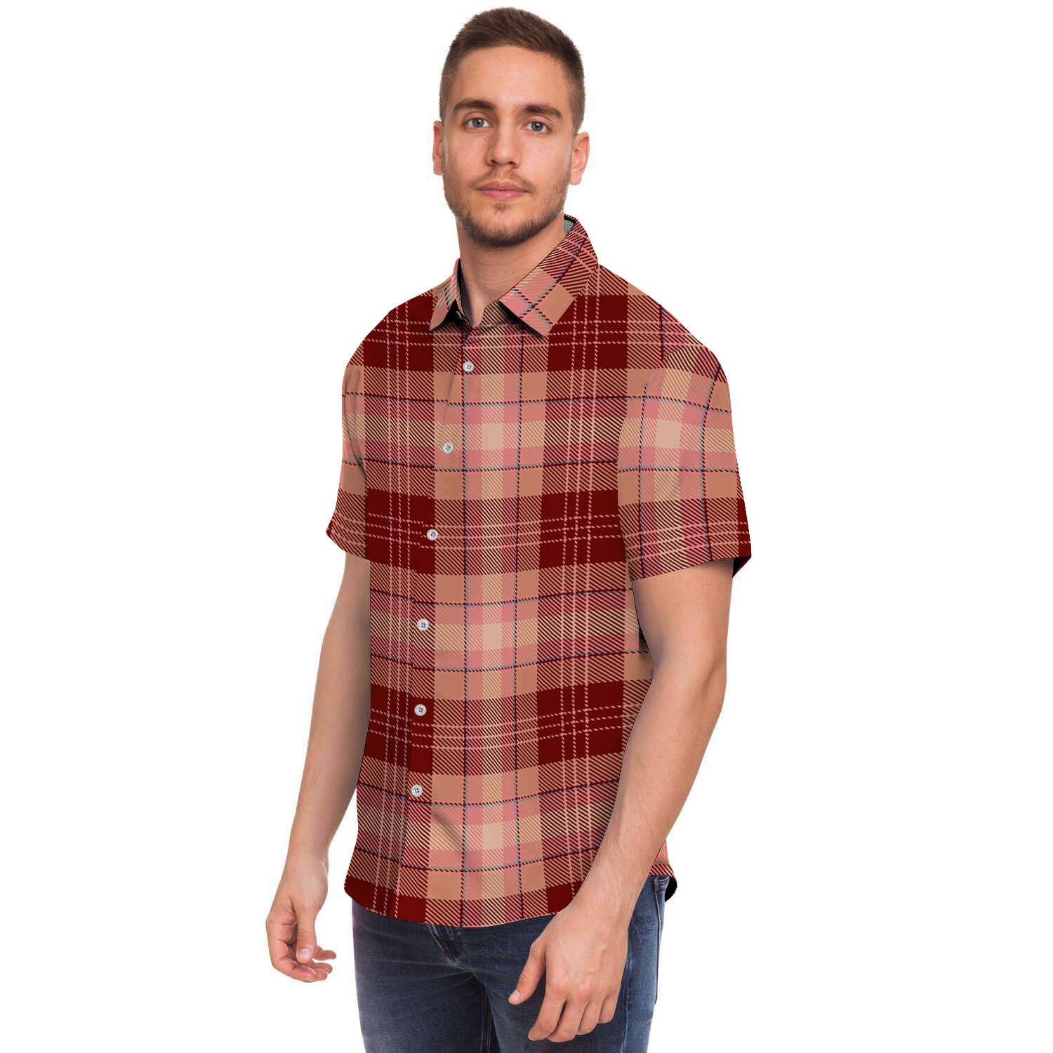 Brown Plaid Tartan Men's Short Sleeve Shirt-grizzshop