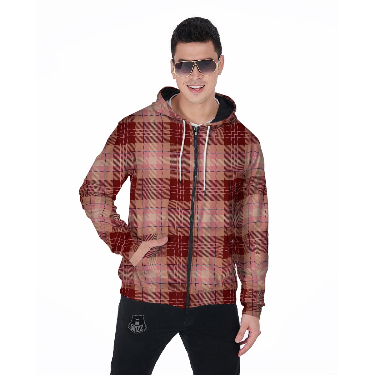 Brown Plaid Tartan Men's Zip Up Hoodie-grizzshop