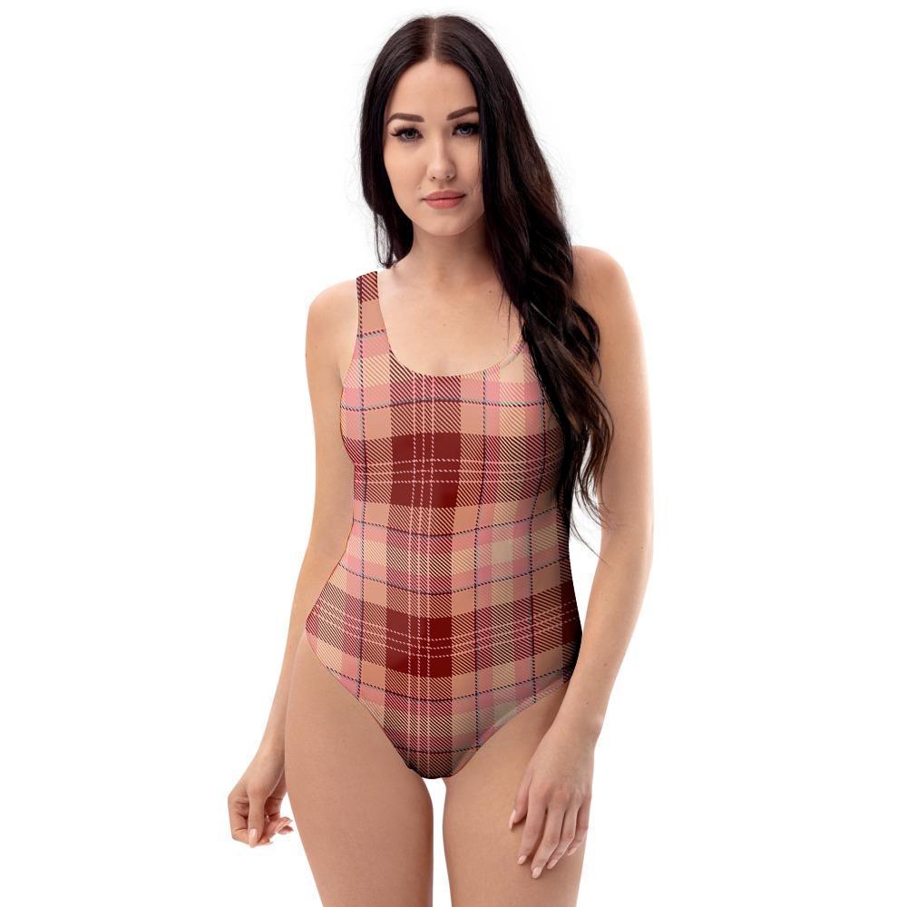 Brown Plaid Tartan One Piece Swimsuite-grizzshop