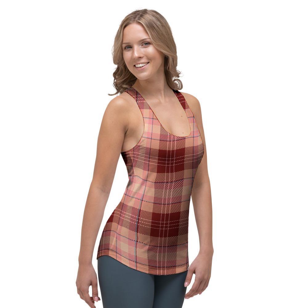Brown Plaid Tartan Women's Racerback Tank Top-grizzshop