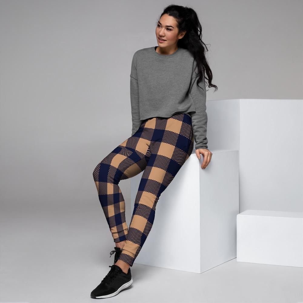 Brown Plaid Women's Joggers-grizzshop