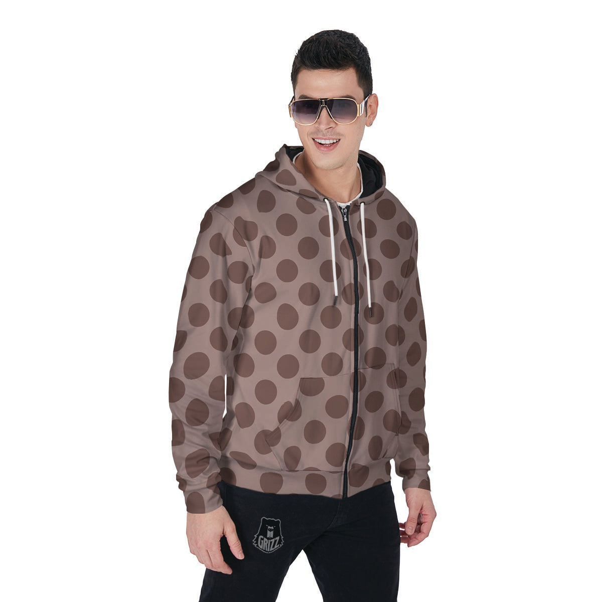 Brown Polka Dot Men's Zip Up Hoodie-grizzshop