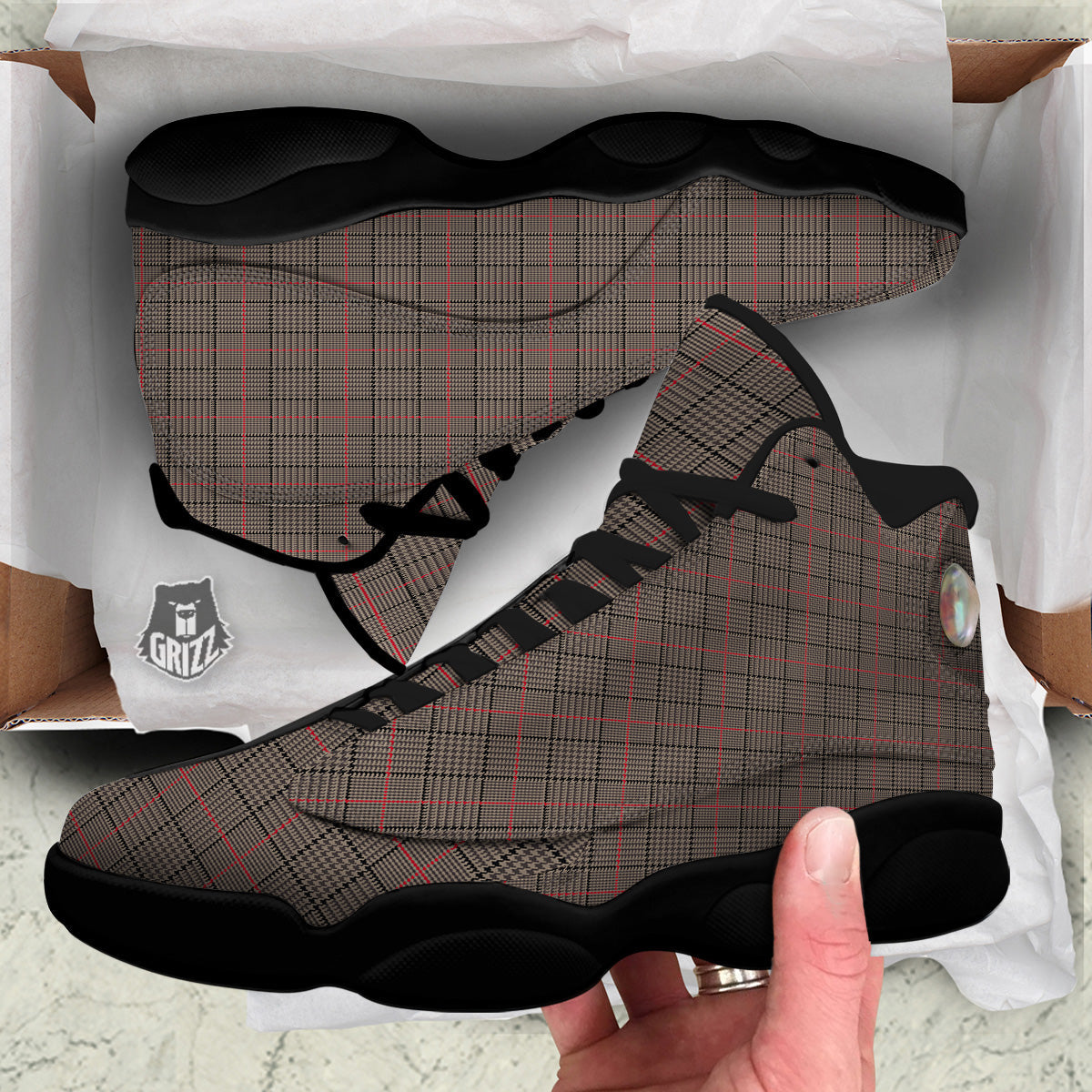 Brown Prince OF Wales Check Print Black Basketball Shoes-grizzshop