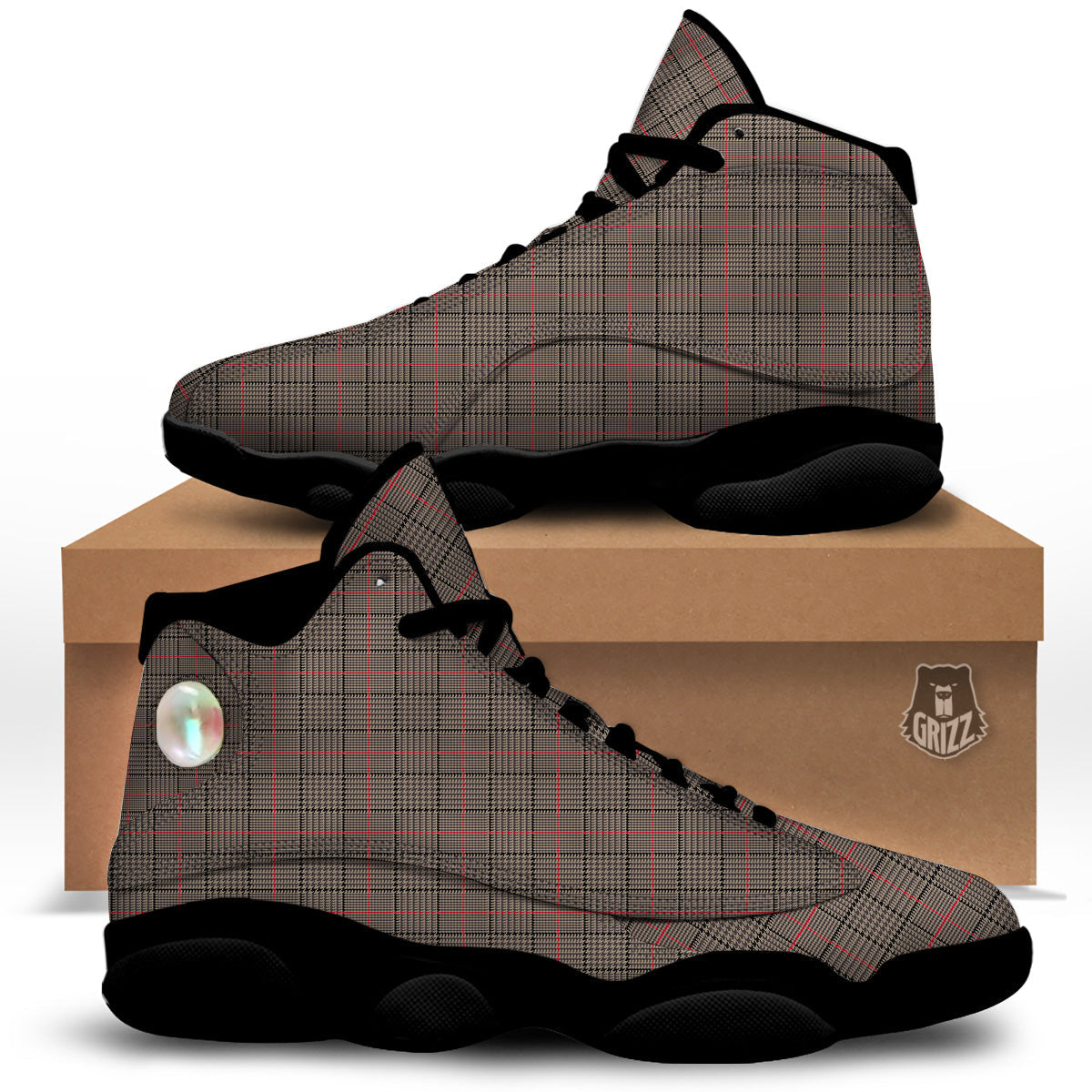 Brown Prince OF Wales Check Print Black Basketball Shoes-grizzshop