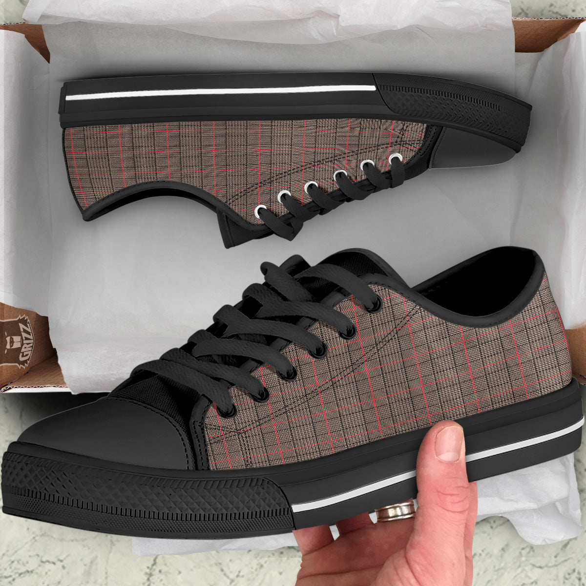 Brown Prince OF Wales Check Print Black Low Top Shoes-grizzshop