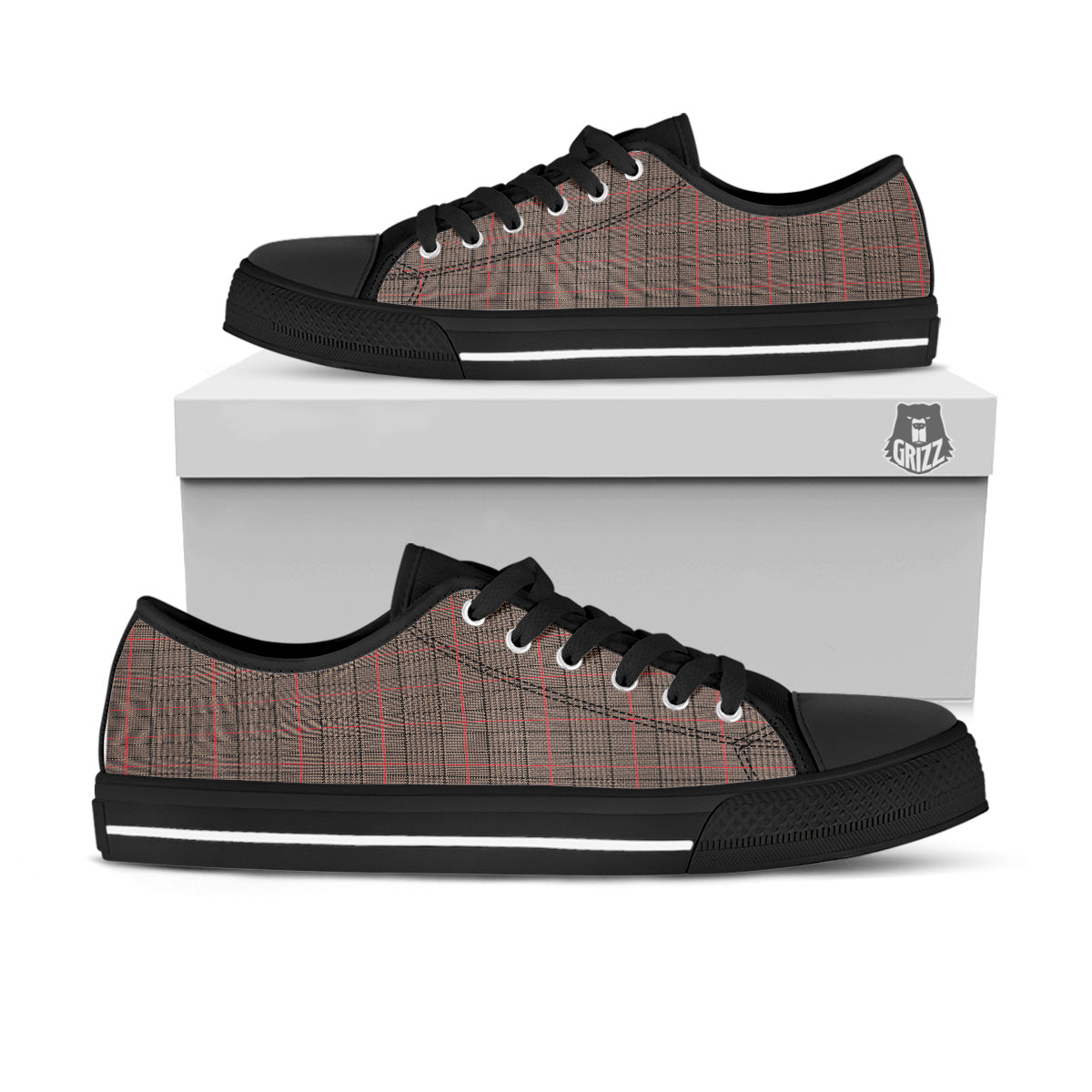 Brown Prince OF Wales Check Print Black Low Top Shoes-grizzshop