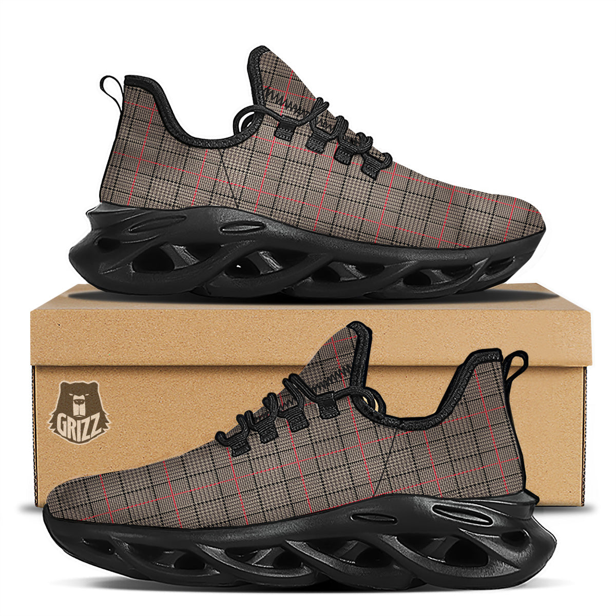 Brown Prince OF Wales Check Print Black Running Shoes-grizzshop