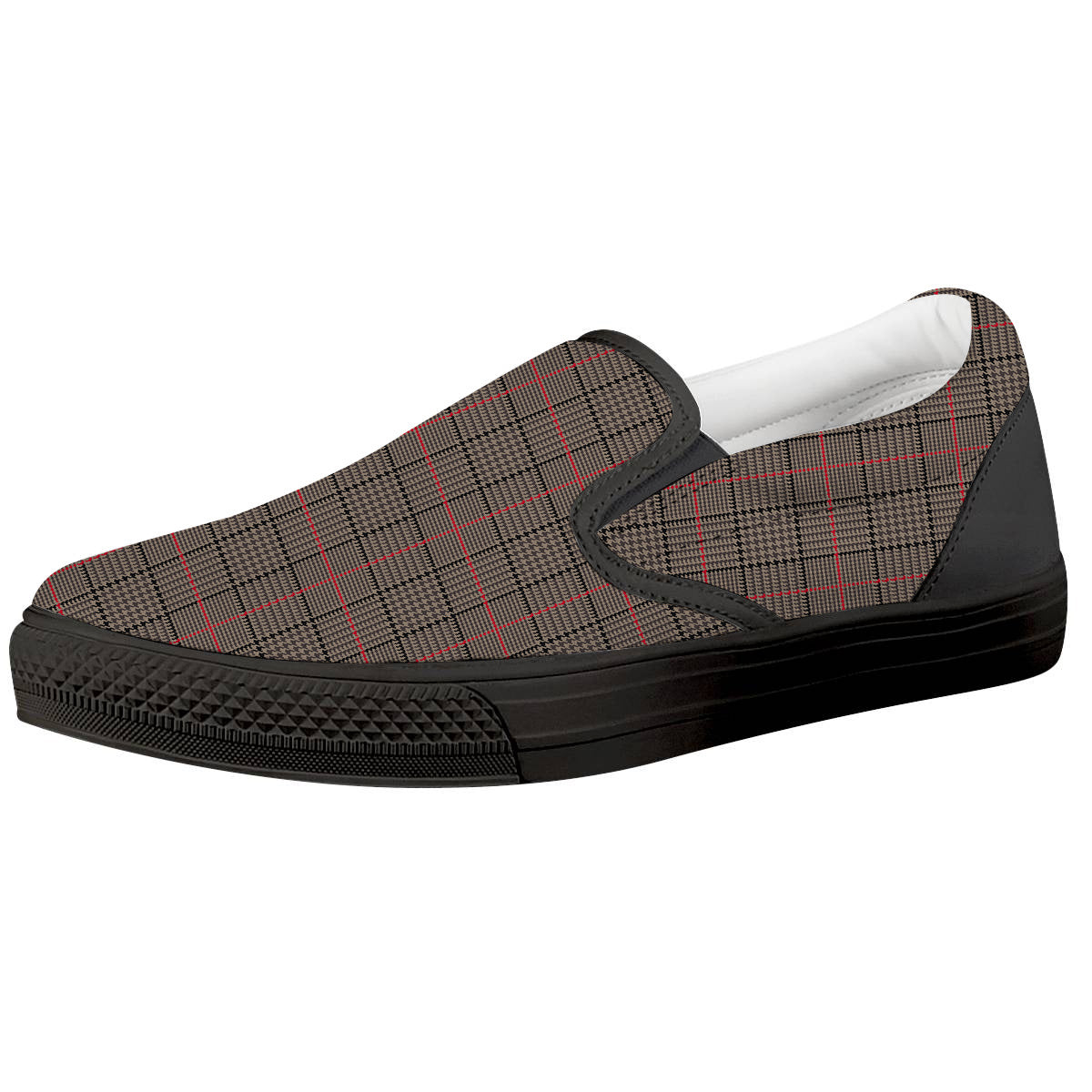 Brown Prince OF Wales Check Print Black Slip On Shoes-grizzshop