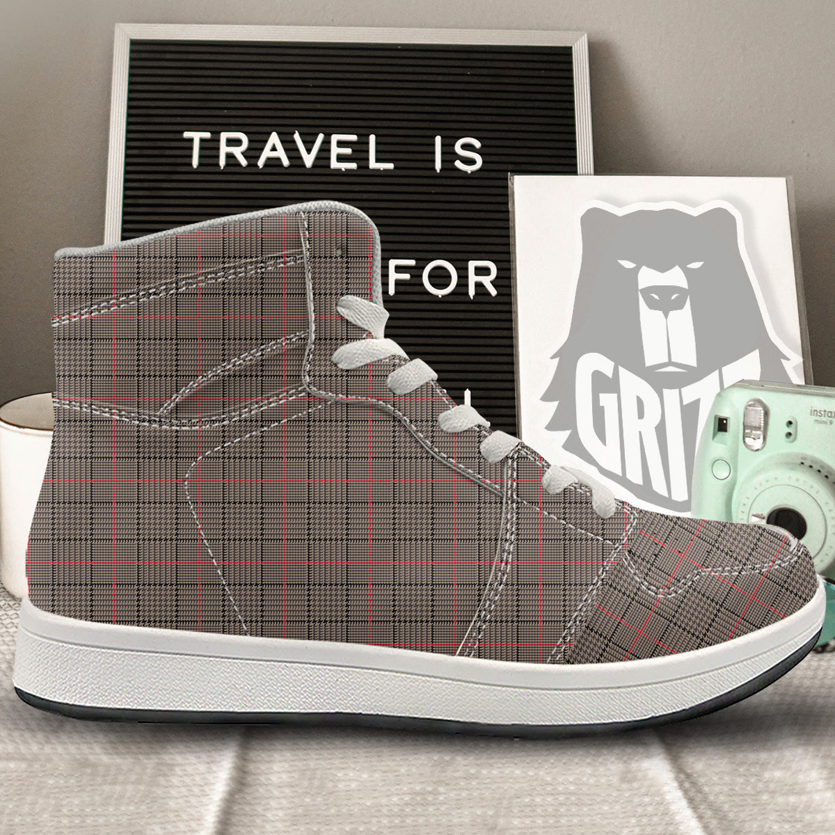 Brown Prince OF Wales Check Print High Top Sneakers-grizzshop