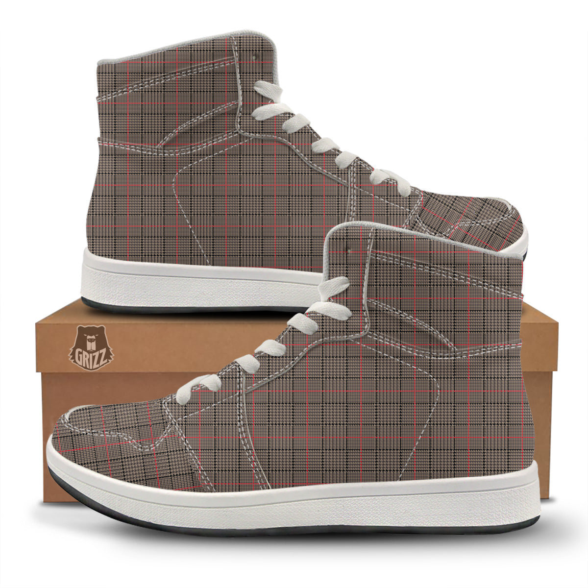 Brown Prince OF Wales Check Print High Top Sneakers-grizzshop