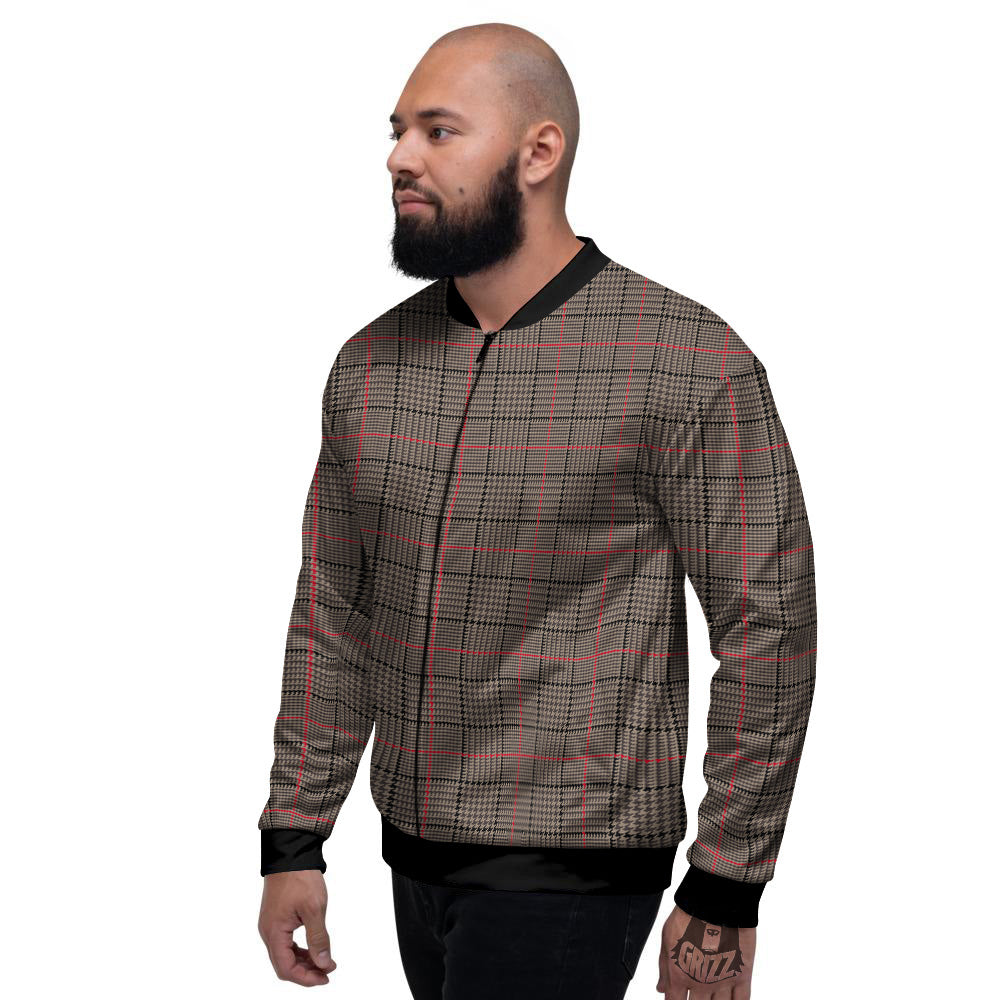 Brown Prince OF Wales Check Print Men's Bomber Jacket-grizzshop