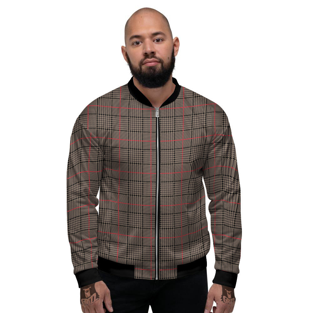 Brown Prince OF Wales Check Print Men's Bomber Jacket-grizzshop