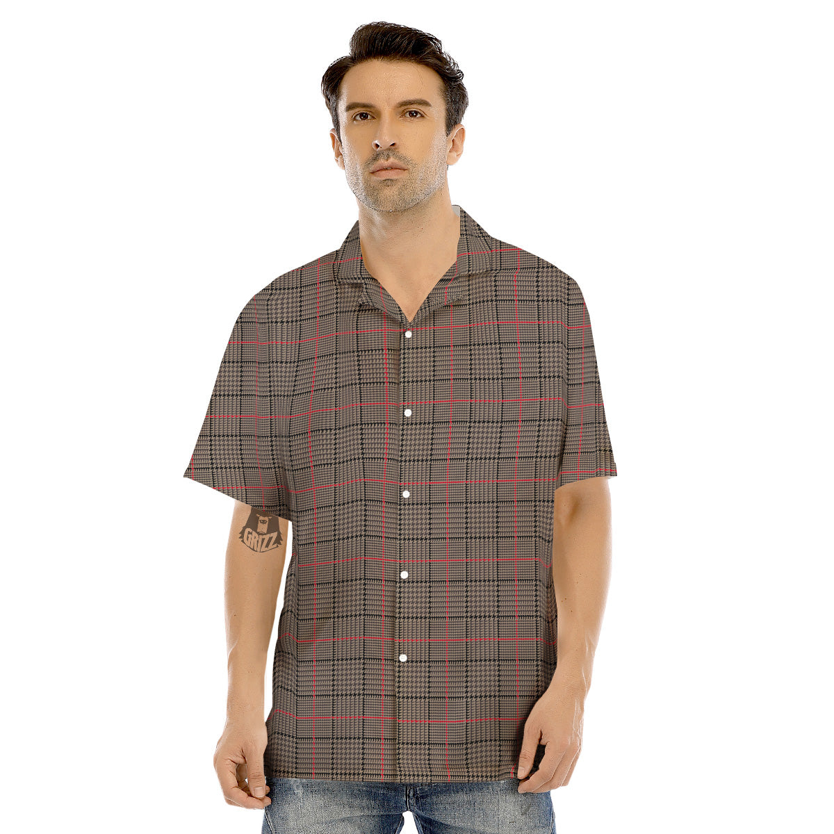 Brown Prince OF Wales Check Print Men's Hawaiian Shirt-grizzshop