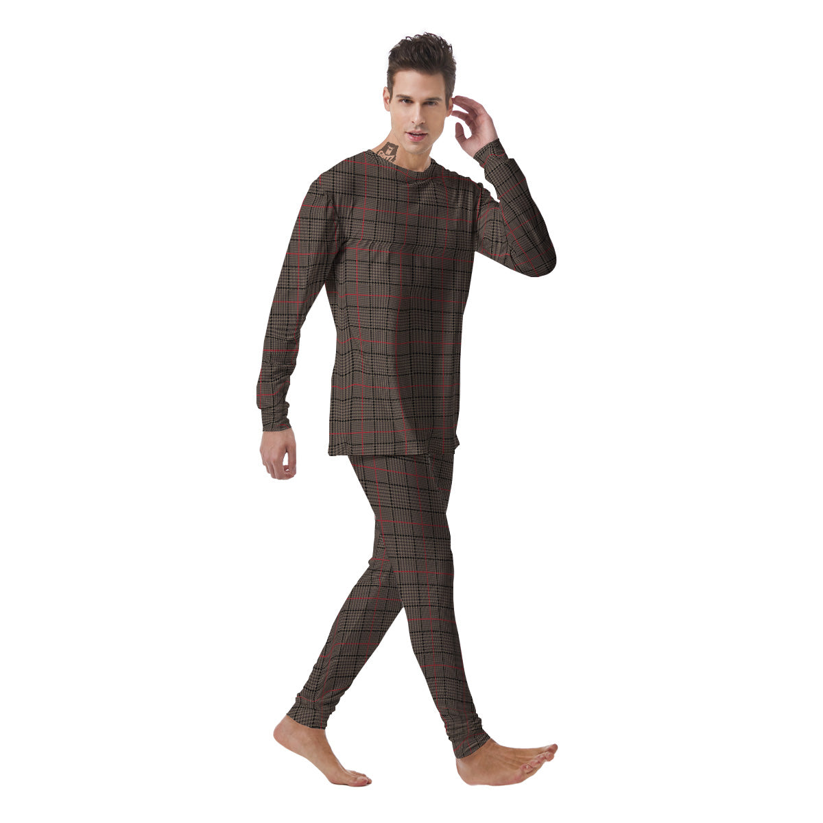 Brown Prince OF Wales Check Print Men's Pajamas-grizzshop