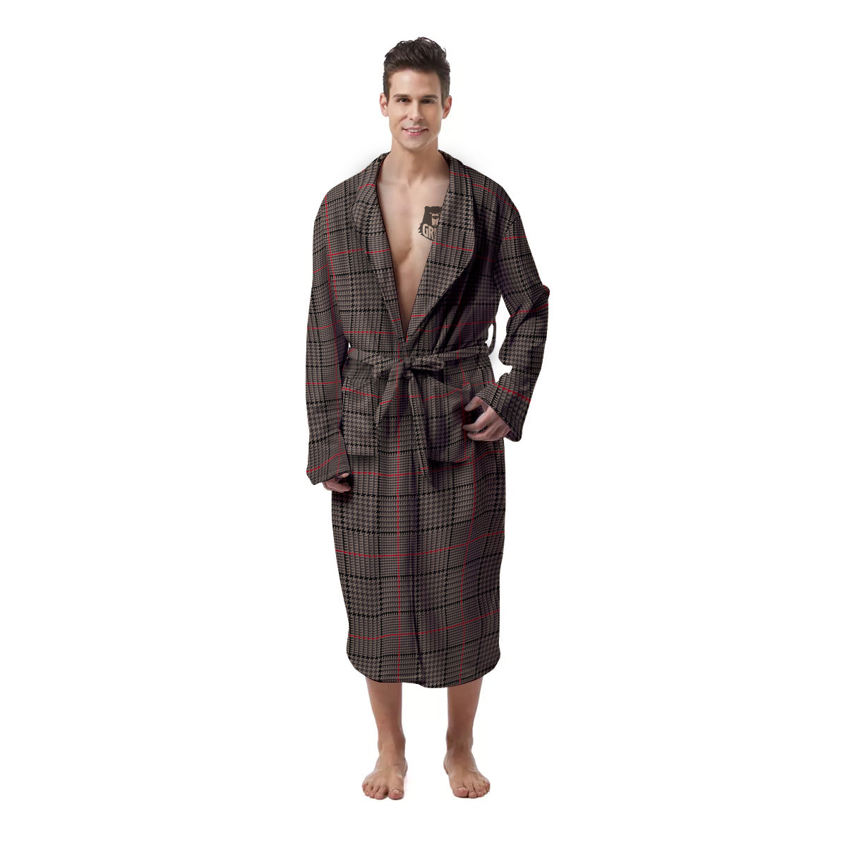 Brown Prince OF Wales Check Print Men's Robe-grizzshop