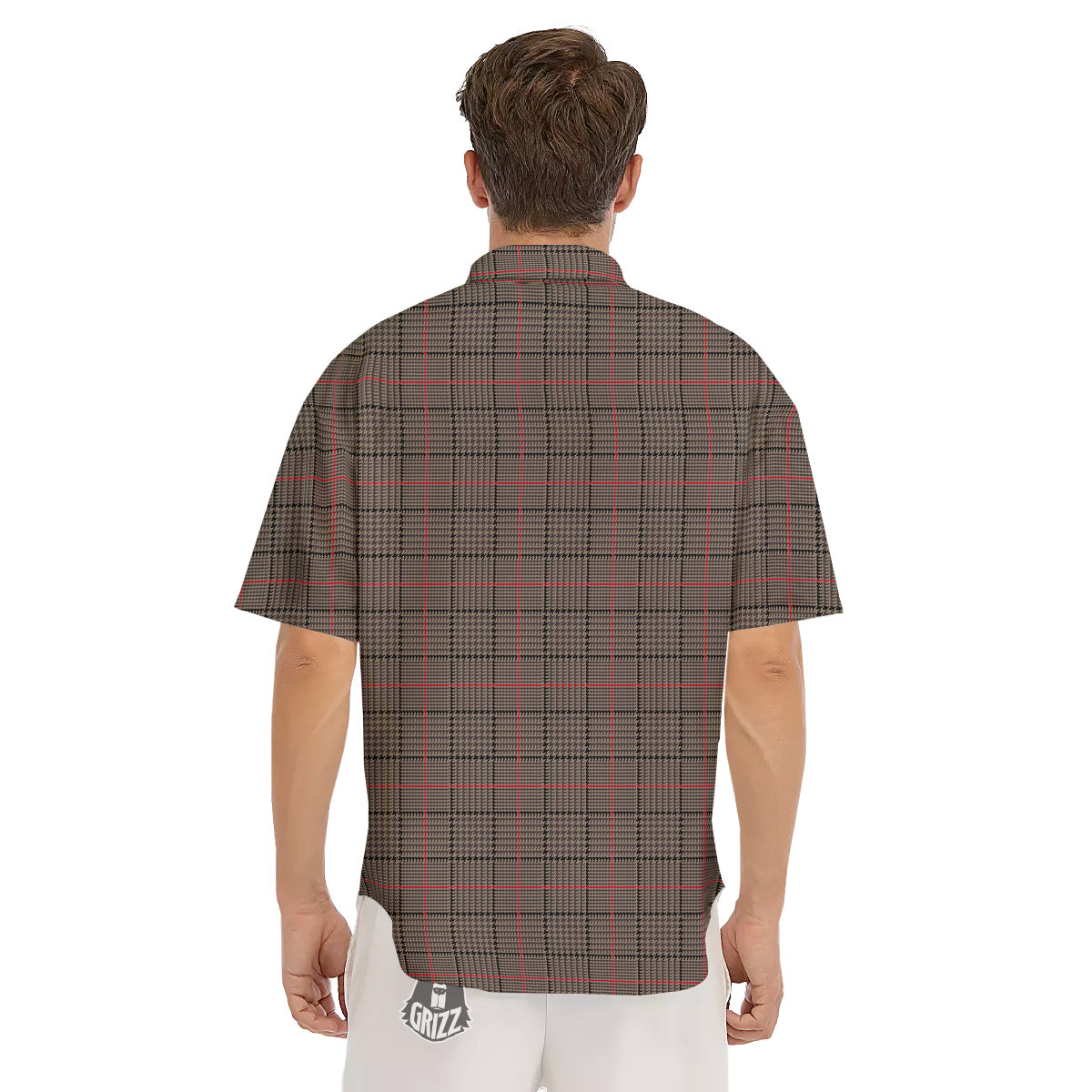 Brown Prince OF Wales Check Print Men's Short Sleeve Shirts-grizzshop