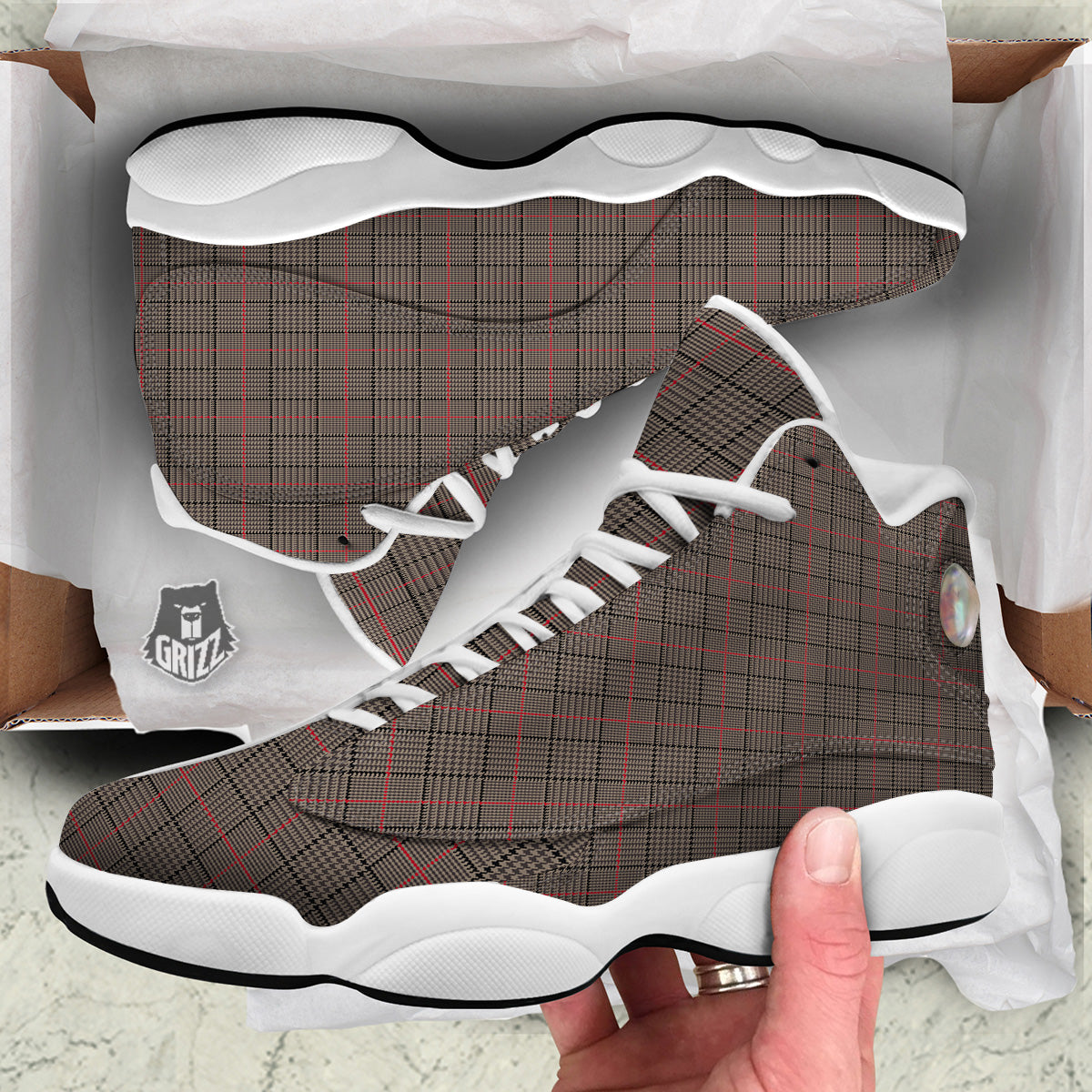 Brown Prince OF Wales Check Print White Basketball Shoes-grizzshop