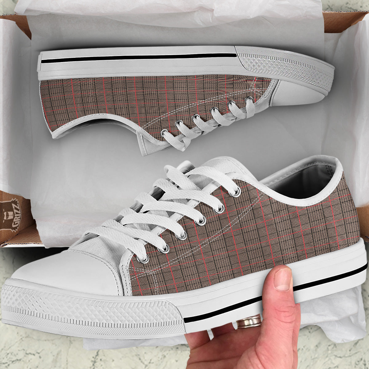 Brown Prince OF Wales Check Print White Low Top Shoes-grizzshop