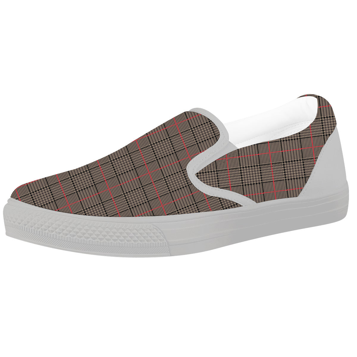 Brown Prince OF Wales Check Print White Slip On Shoes-grizzshop