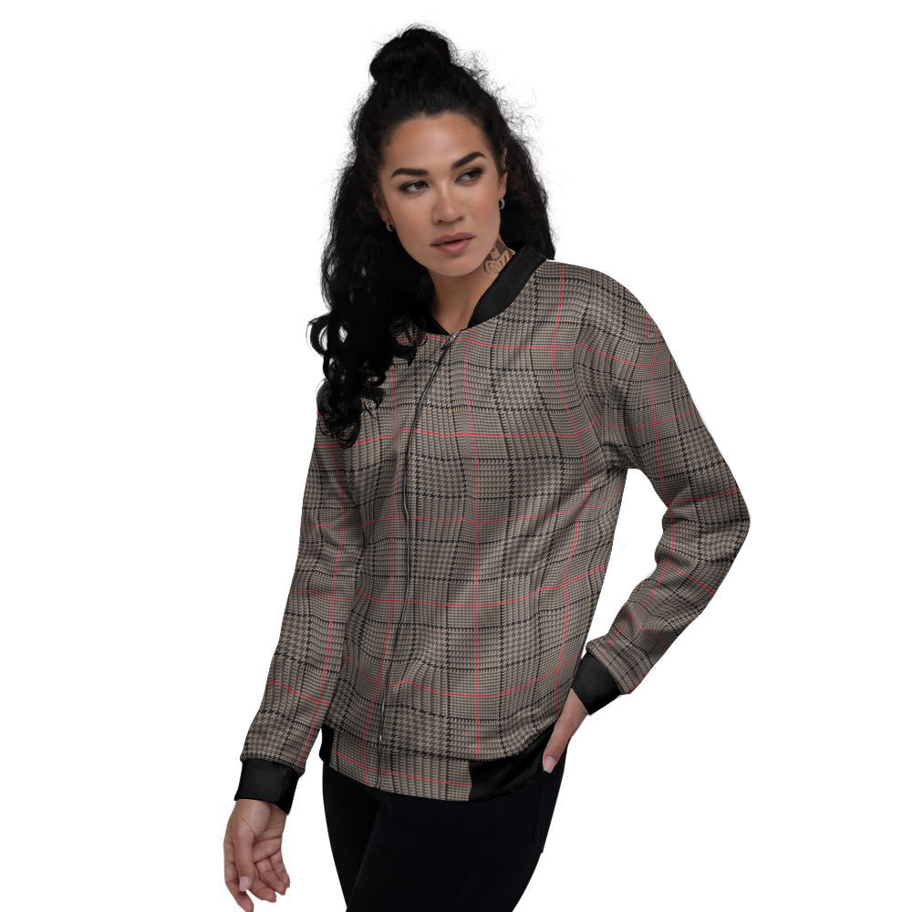 Brown Prince OF Wales Check Print Women's Bomber Jacket-grizzshop