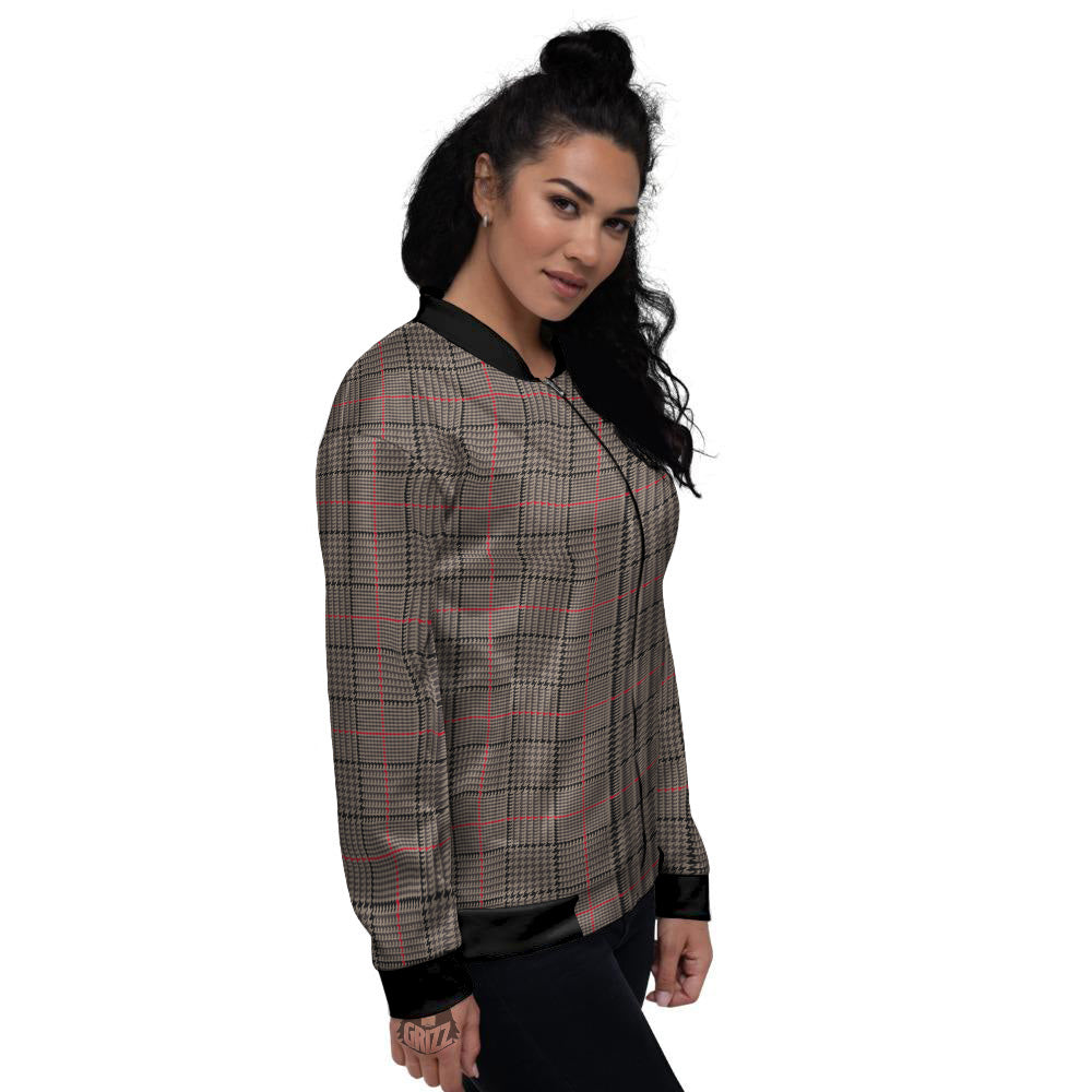 Brown Prince OF Wales Check Print Women's Bomber Jacket-grizzshop
