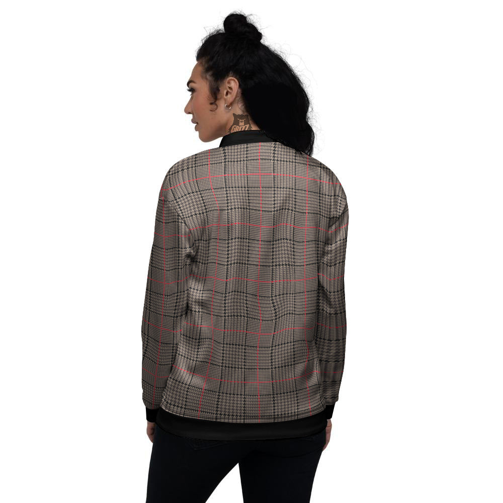 Brown Prince OF Wales Check Print Women's Bomber Jacket-grizzshop