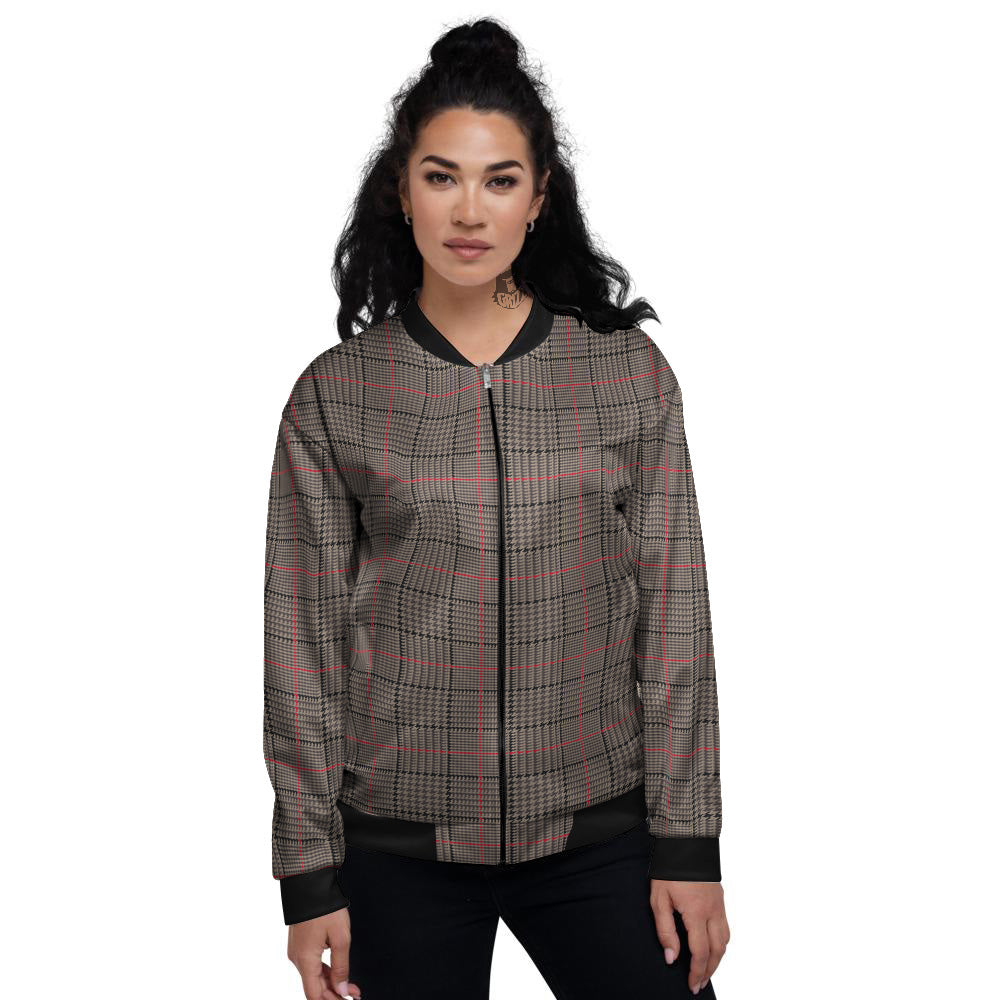 Brown Prince OF Wales Check Print Women's Bomber Jacket-grizzshop