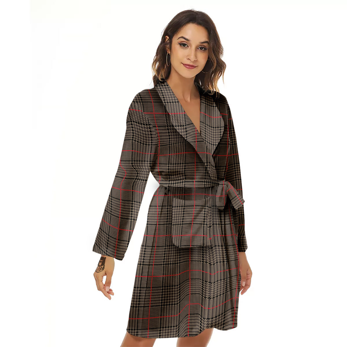 Brown Prince OF Wales Check Print Women's Robe-grizzshop