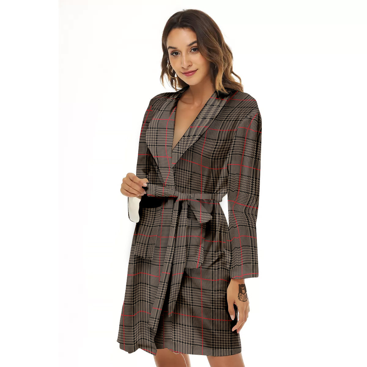 Brown Prince OF Wales Check Print Women's Robe-grizzshop